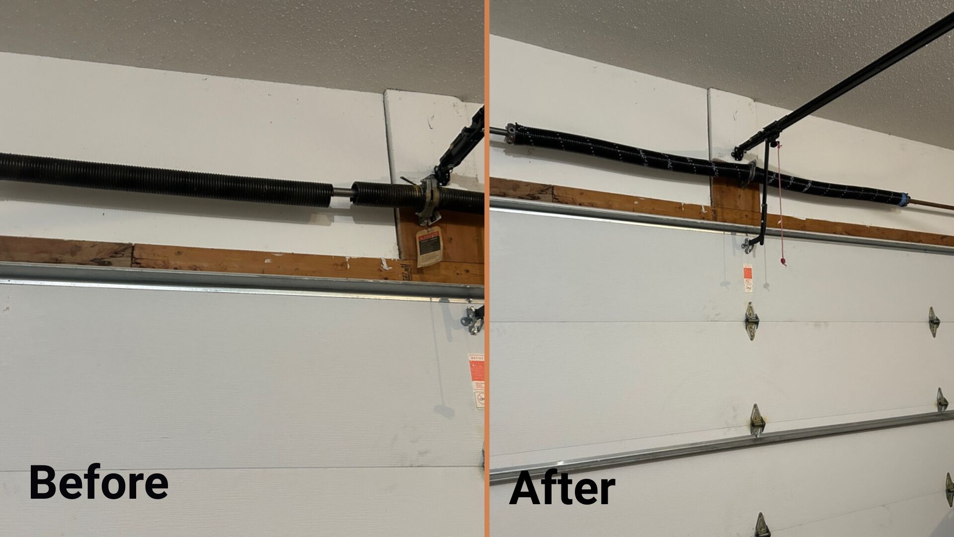 Before-and-after comparison of the garage door spring system, showing the broken spring on the left and the new, properly aligned hardware on the right.