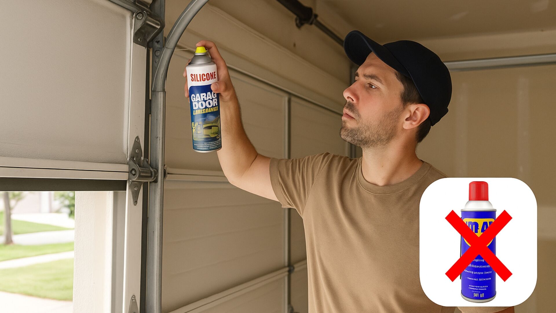 Man applying silicone-based spray to lubricate garage door parts instead of WD-40