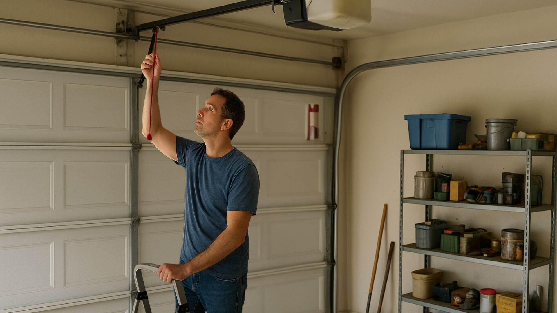 Man pulling garage door emergency release cord to disconnect opener
