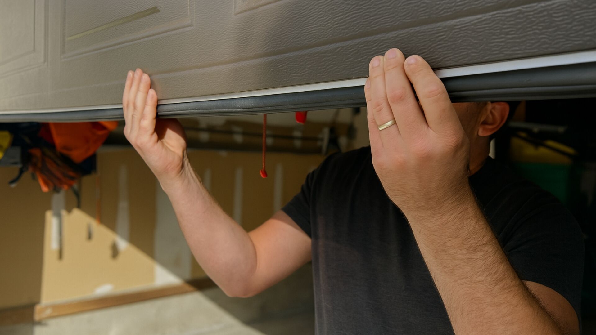 A man manually lifting a residential garage door during power outage