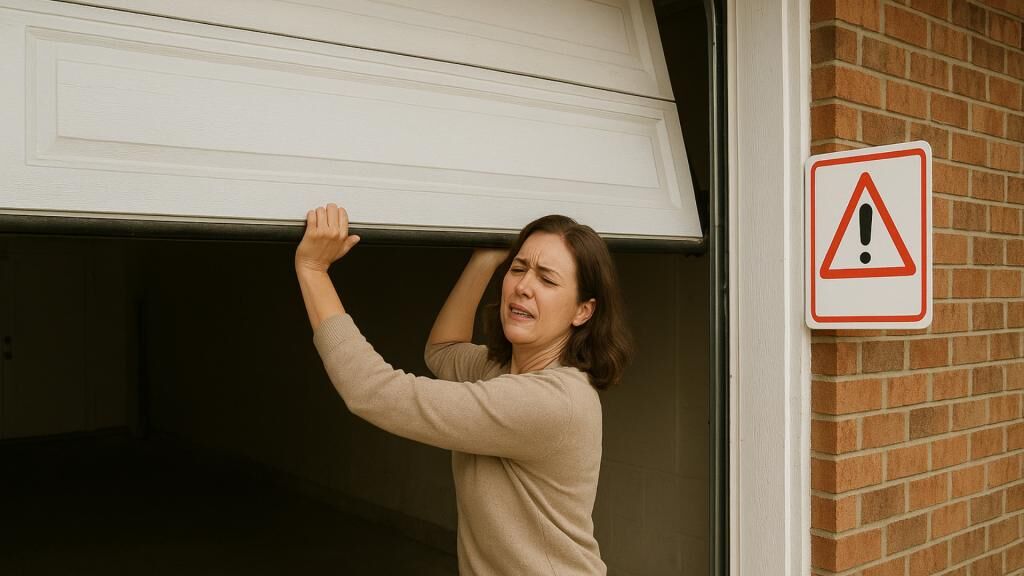 A woman dealing with a garage door that won’t open after spring breakage