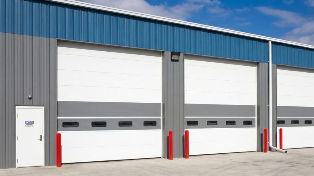 Newly installed commercial garage doors at a loading dock