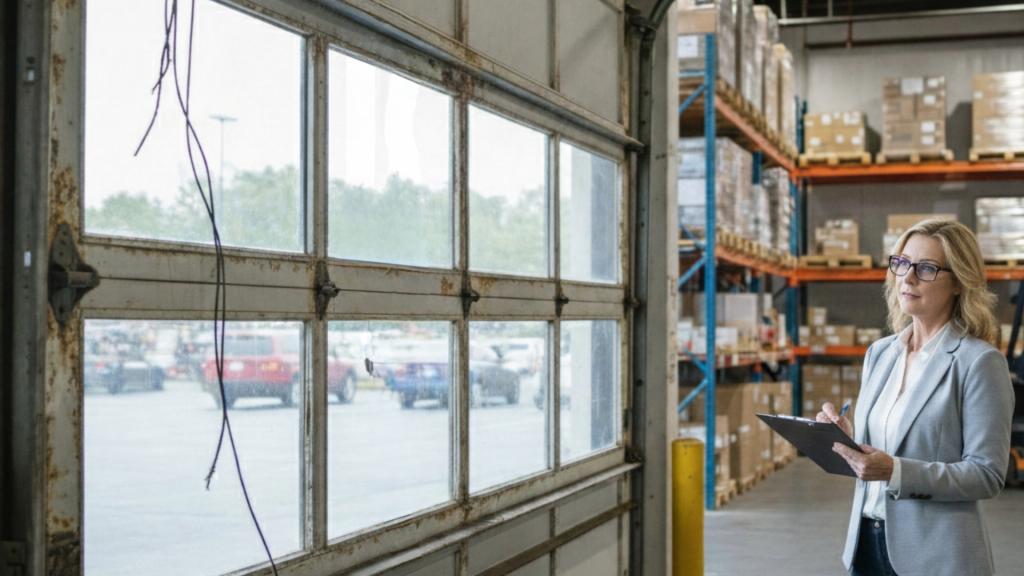 A woman inspecting the door as part of a commercial garage door maintenance service