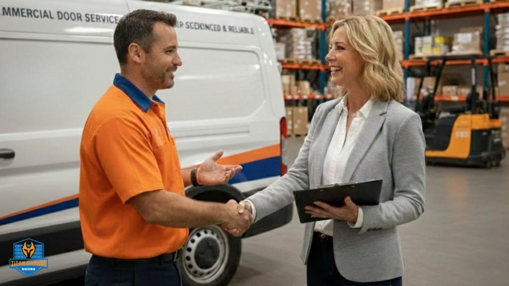 A certified technician from Titan Garage Doors NE shaking the hands of a business owner in Omaha, NE