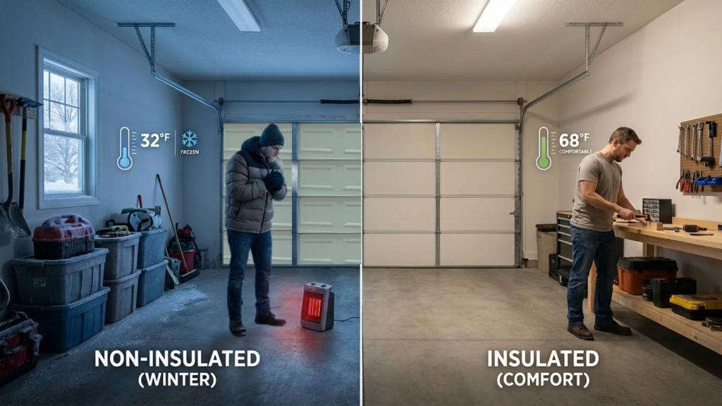 Side-by-side comparison of insulated and non-insulated garage doors in cold Omaha weather 
