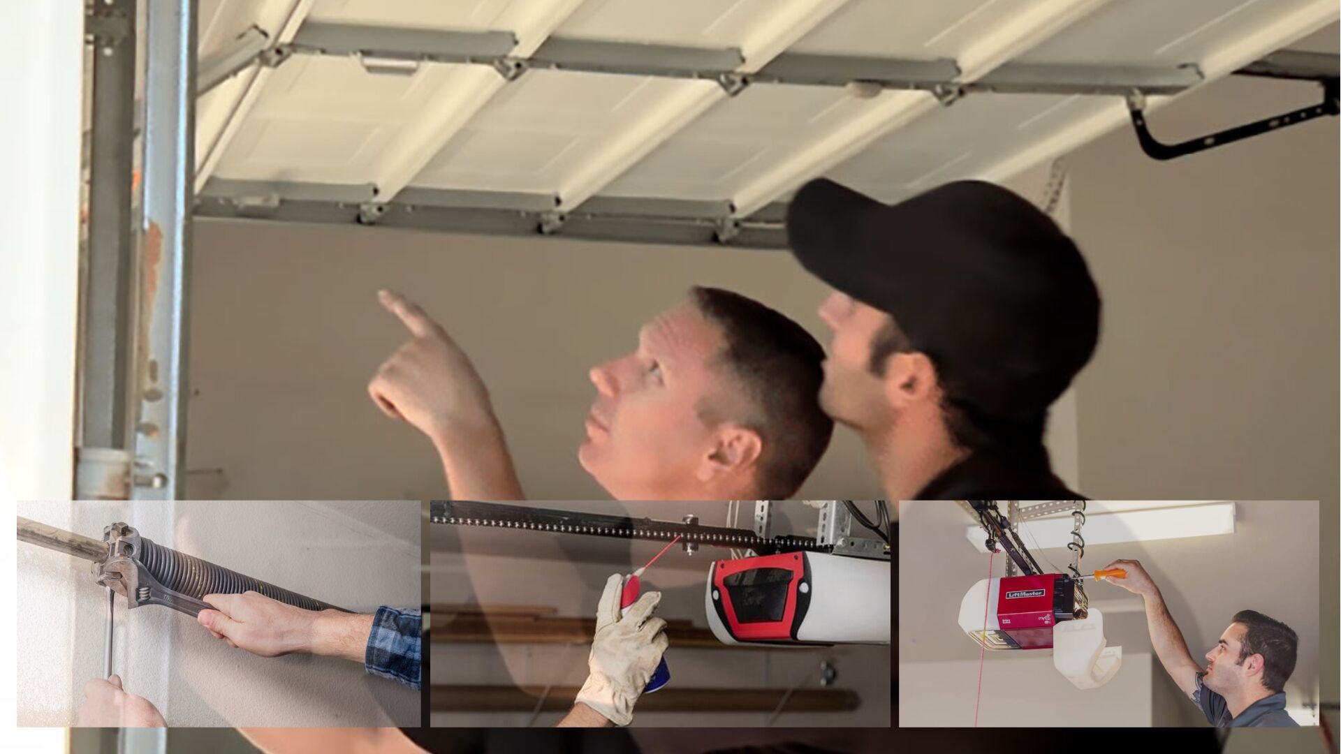 Technicians performing annual garage door maintenance in a residential garage