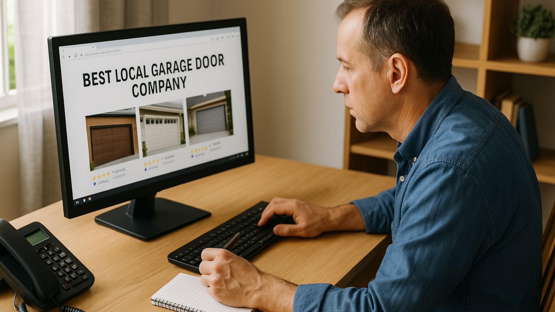 Homeowner looking for local garage door repair company online.