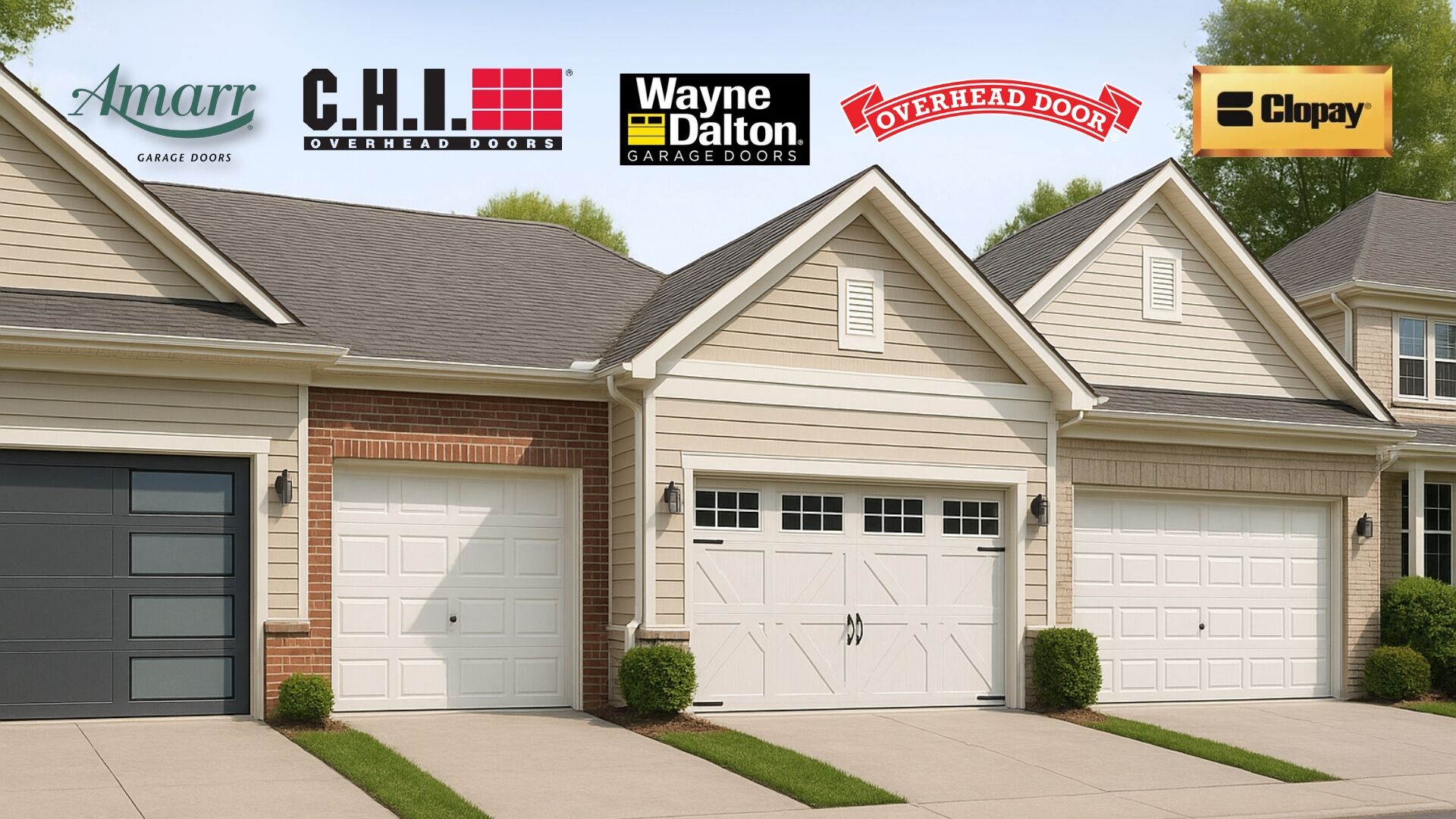 List of residential garage door brands including Amarr, C.H.I., Wayne Dalton, Overhead Door, and Clopay