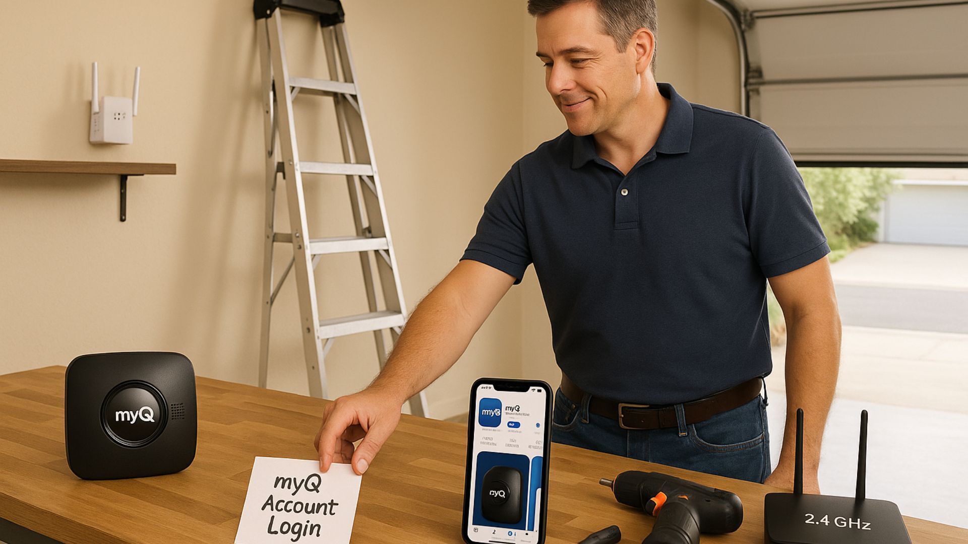 A man setting up myQ account login during garage door setup with phone and smart hub on table.