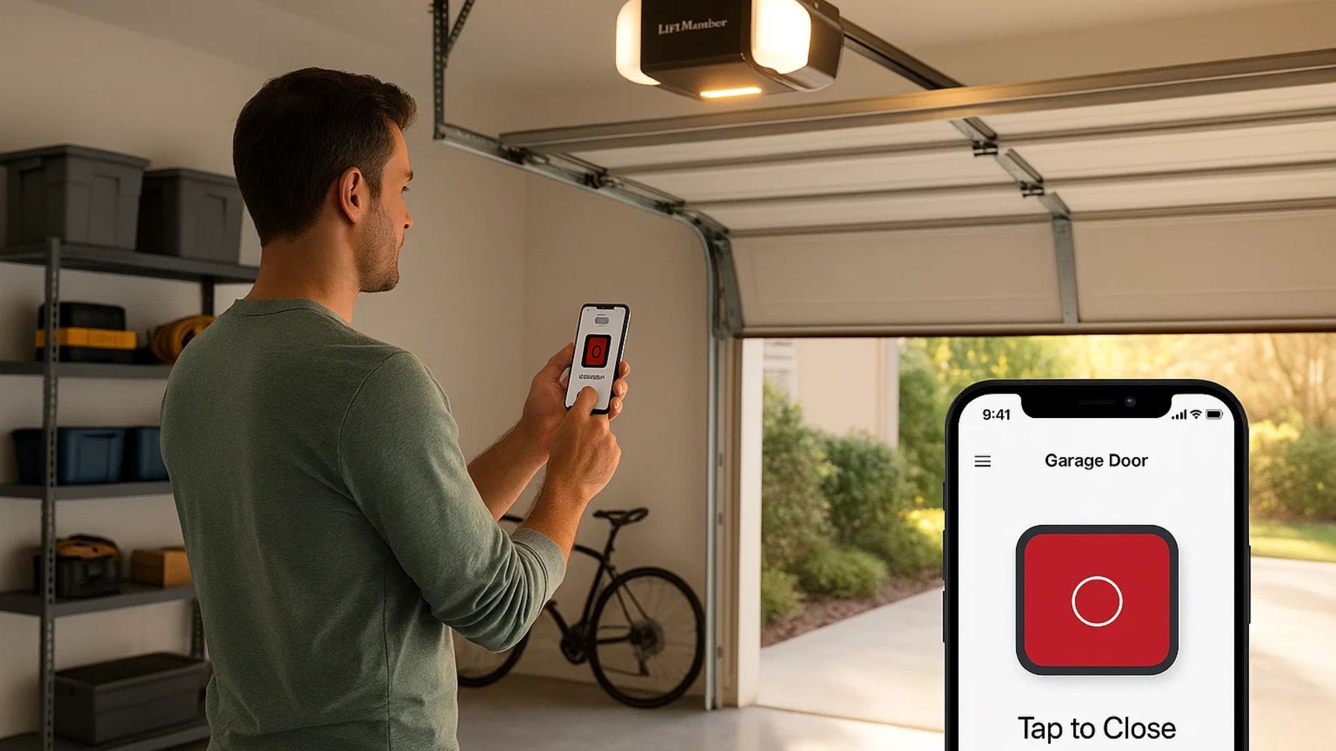 Mobile app interface showing myQ garage door opener setup test in progress.