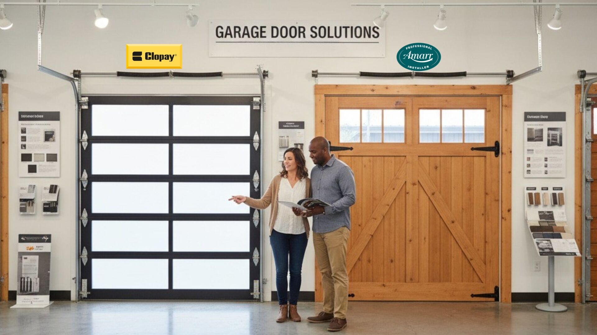 Couple comparing Clopay vs Amarr garage door brands in a showroom display