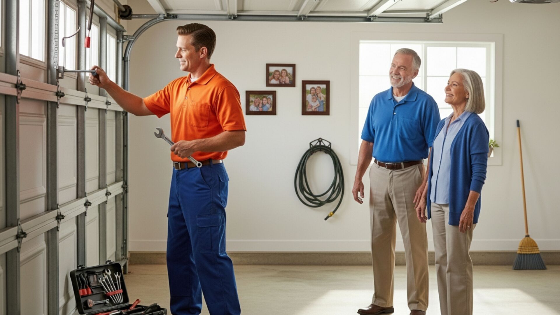 A garage door technician providing after-sale repair and warranty support to clients