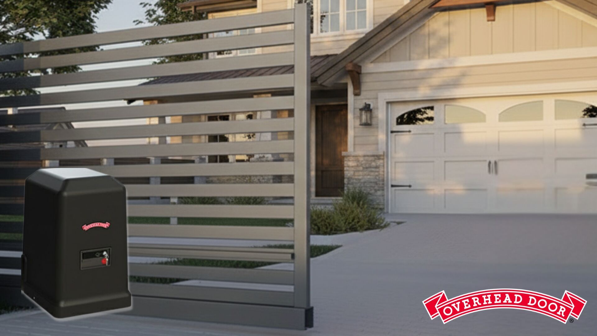 Overhead Door garage system installed on a residential home with a carriage-style garage door.
