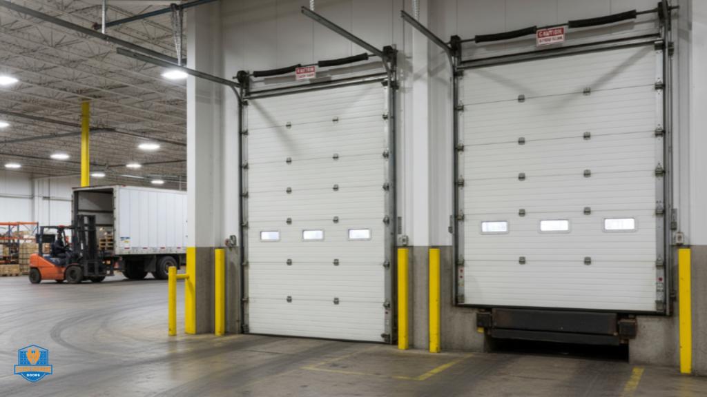 Loading dock door inside a warehouse with truck access.