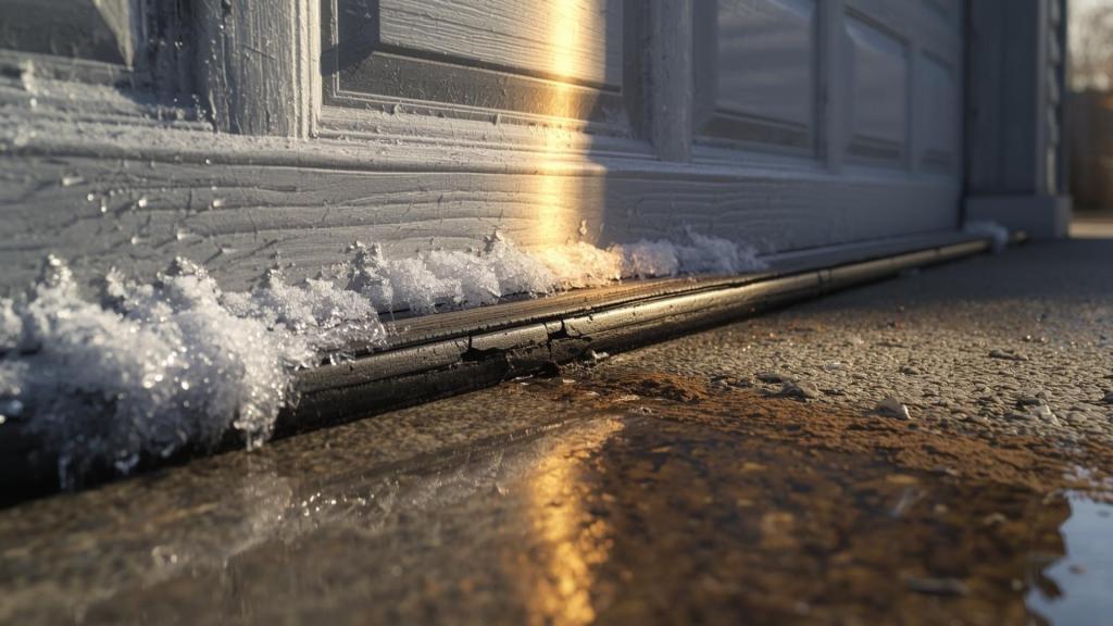 Close-up of worn garage door bottom seal allowing snow and moisture to enter the garage