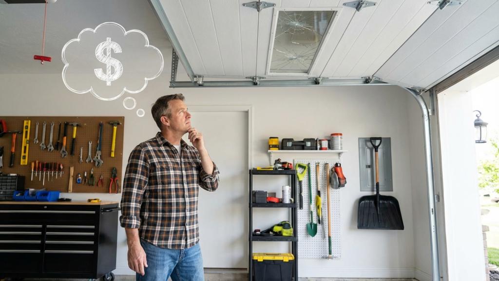 A homeowner evaluating garage door window repair costs for broken panel