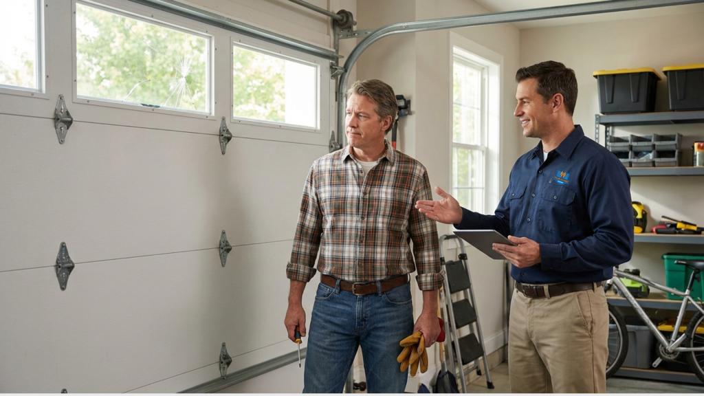 A homeowner consulting a licensed technician from Titan Garage Doors NE regarding garage door window repair