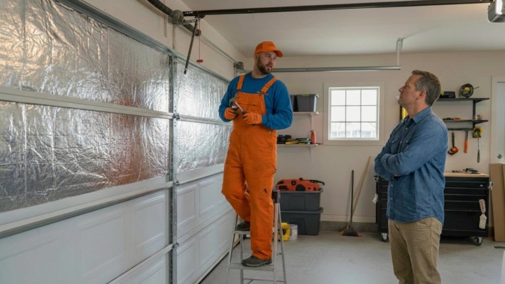 Professional discussing insulated door as best garage door material choice