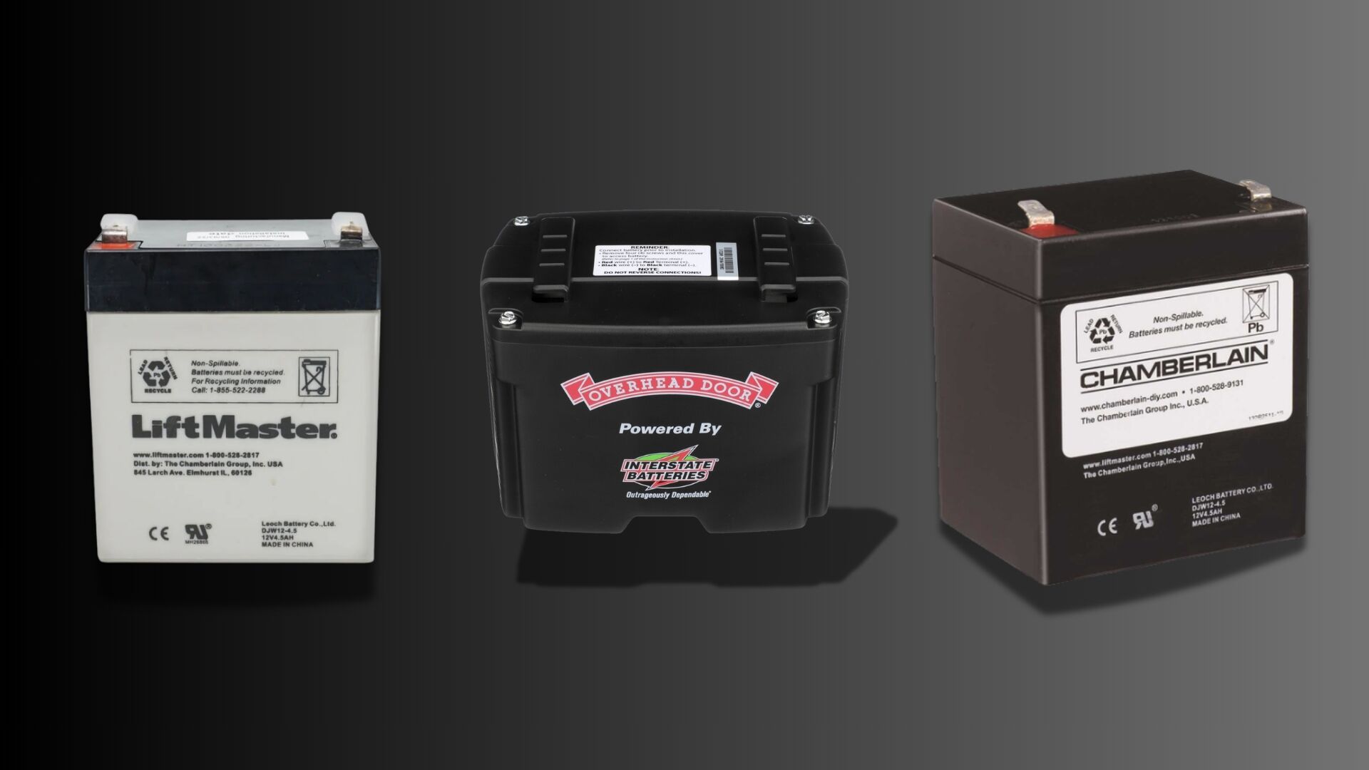 Various garage door batteries from LiftMaster, Overhead Door, and Chamberlain.